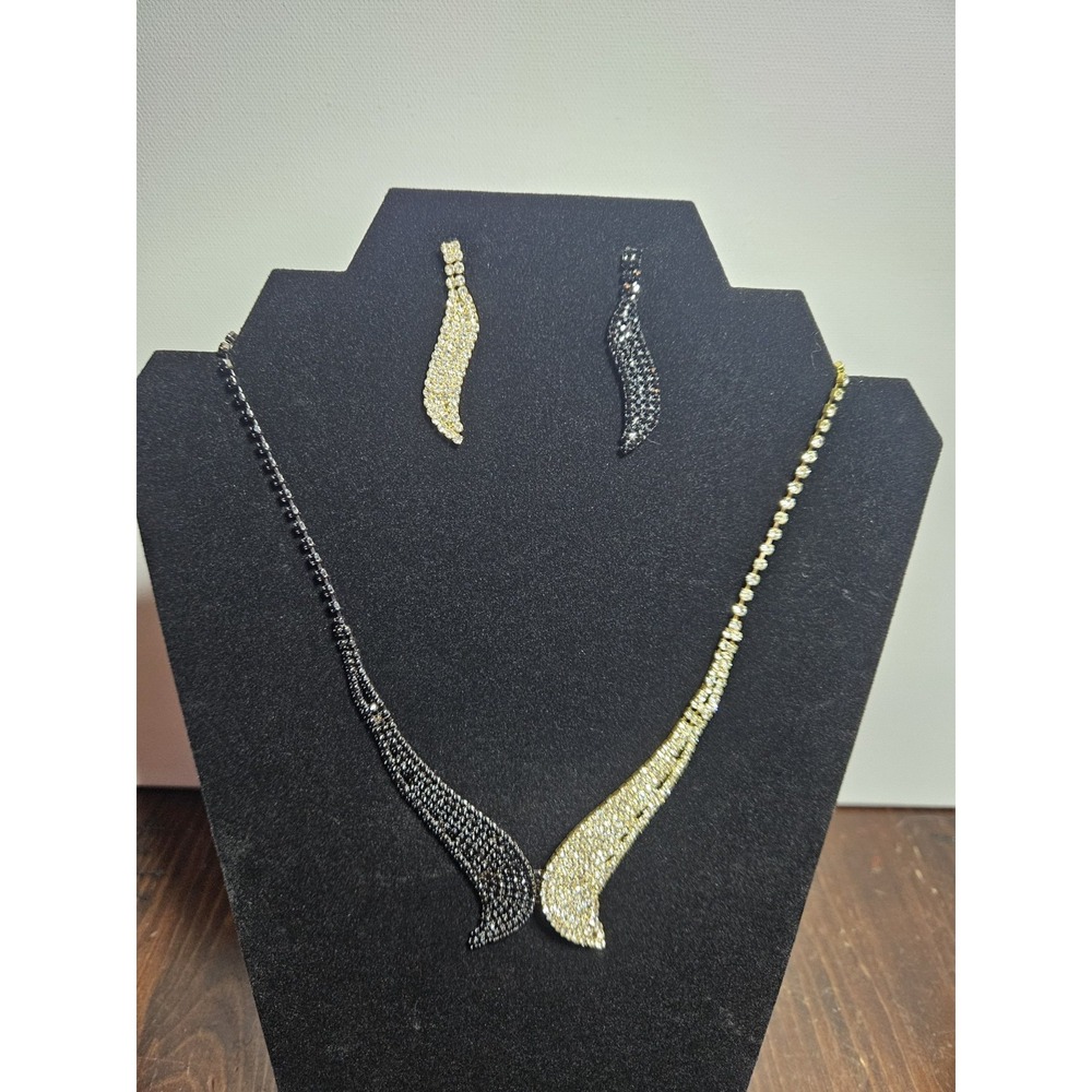 Y2K Asymmetrical Black Gold Rhinestone Necklace Set‎ Two Tone Runway Statement